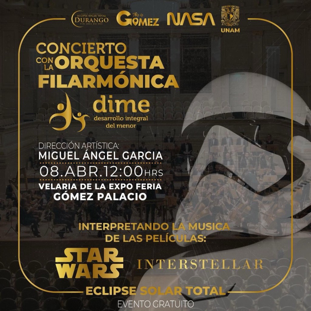 En Gómez Palacio, Orquesta Filarmónica, engalanará el eclipse entonado temas de las películas Star Wars e&nbsp;Interestelar.